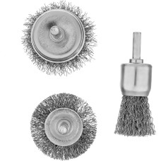 DENZEL Набор щеток для дрели, 1 Плоская 50мм, 2 Чашки 25-50мм, шпилька, нерж. вит. проволока 74491