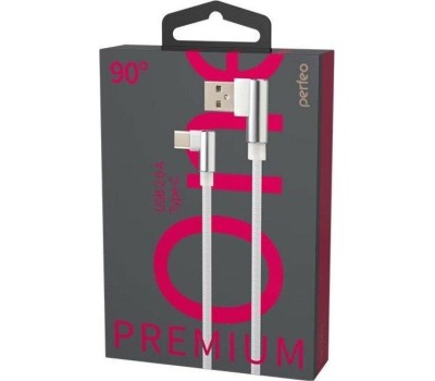 Кабель PERFEO (U4905) USB A вилка - Type-C вилка, 2.4A, угловой, белый, длина 1 м., Type-C Premium