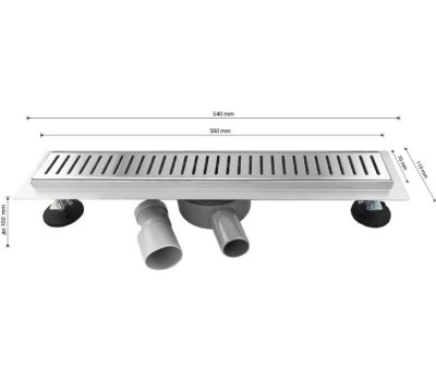 САНАКС - Трап 500 х 70 мм, с бортиком для плитки, из нержавеющей стали, горизонтальное подключение 360º, с сухим и гидрозатворами, цвет САТИН. 00038