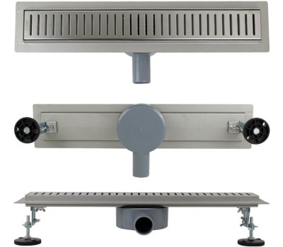 САНАКС - Трап 500 х 70 мм, с бортиком для плитки, из нержавеющей стали, горизонтальное подключение 360º, с сухим и гидрозатворами, цвет САТИН. 00038