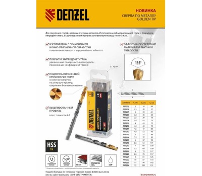 Сверло DENZEL Сверло по металлу, 3,5 мм, HSS-Tin, Golden Tip, 10 шт. 717207