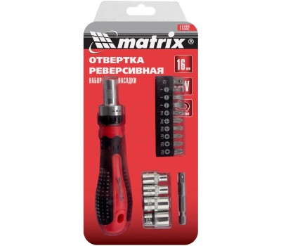 Отвертка MATRIX Отвёртка реверсивная с набором бит и насадок торцевых, CrV, 1/4