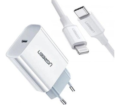 UGREEN Набор адаптер и кабель USB-C - Lightning CD137 (50698) PD Fast Charger 20W + USB-C to Lightning Cable EU. Цвет: белый