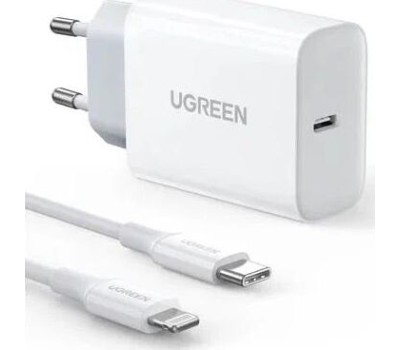 UGREEN Набор адаптер и кабель USB-C - Lightning CD137 (50698) PD Fast Charger 20W + USB-C to Lightning Cable EU. Цвет: белый