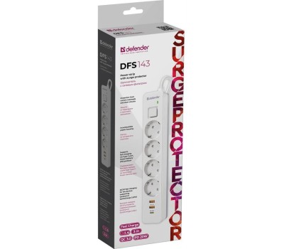 Defender Удлинитель с сетевым фильтром DFS 143 3 м,белый,4розетки,USB+TypeC [99434]