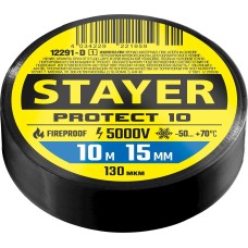STAYER PROTECT-10, 15 мм х 10 м, 5 000 В, черная, изолента ПВХ, Professional (12292-D)