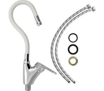 Смеситель для кухни BRIMIX 3274 Смеситель кухонный, шаровый, боковой, ручка с белой мозаикой, с гибким изливом БЕЛОГО цвета