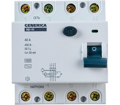 IEK Выключатель дифф. тока (УЗО) ВД1-63 Generica (MDV15-4-040-030) 40A 4.5кА 4П 400В 4 модуля серый (упак.:1шт)