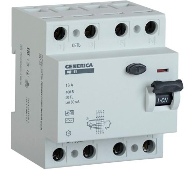 IEK Выключатель дифф. тока (УЗО) ВД1-63 Generica (MDV15-4-040-030) 40A 4.5кА 4П 400В 4 модуля серый (упак.:1шт)