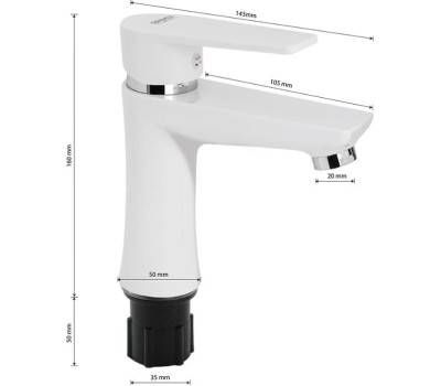 BRIMIX - Смеситель на раковину, БЕЗ ГИБКОЙ ПОДВОДКИ, шаровый из высокопрочного АБС пластика, цвет БЕЛЫЙ. 597-1