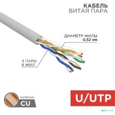 Rexant (02-0004) Кабель витая пара, U/UTP, CAT 5e, ZH нг(А)-HF, 4х2х0,52мм, 24AWG, INDOOR, SOLID, серый, 305м PRO