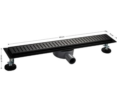 САНАКС - Трап 600 х 70 мм, с бортиком для плитки, из нержавеющей стали, горизонтальное подключение 360º, с сухим и гидрозатворами, цвет ЧЁРНЫЙ. 03339