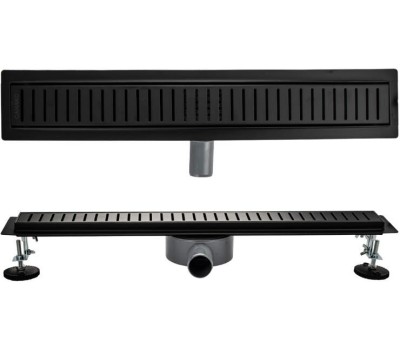 САНАКС - Трап 600 х 70 мм, с бортиком для плитки, из нержавеющей стали, горизонтальное подключение 360º, с сухим и гидрозатворами, цвет ЧЁРНЫЙ. 03339