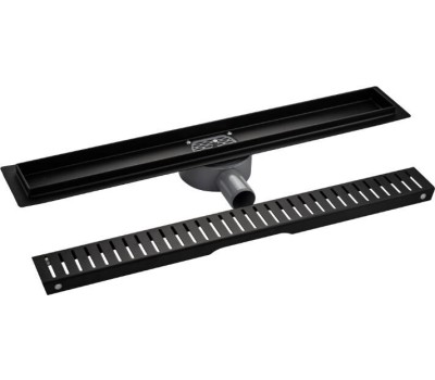 САНАКС - Трап 600 х 70 мм, с бортиком для плитки, из нержавеющей стали, горизонтальное подключение 360º, с сухим и гидрозатворами, цвет ЧЁРНЫЙ. 03339