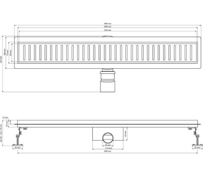 САНАКС - Трап 600 х 70 мм, с бортиком для плитки, из нержавеющей стали, горизонтальное подключение 360º, с сухим и гидрозатворами, цвет ЧЁРНЫЙ. 03339
