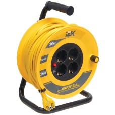 IEK Удлинитель силовой Industrial, розеток 4шт, 3x1.5 кв.мм, 16A, 30м, ПВС, катушка, желтый [wkp15-16-04-30]