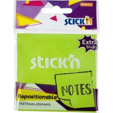 STICK`N Блок самоклеящийся бумажный 27097 76x76мм 45лист. зеленый неон 1цв.в упак. усиленный клей