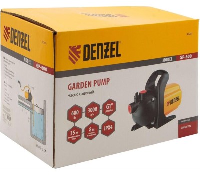 Насосы DENZEL Садовый поверхностный насос GP600, 600 Вт, 3000 л/ч, подъем 35 м, пластик 97201