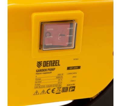 Насосы DENZEL Садовый поверхностный насос GP600, 600 Вт, 3000 л/ч, подъем 35 м, пластик 97201