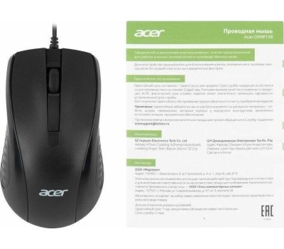 ACER Мышь OMW136 черный оптическая (1000dpi) USB (2but)