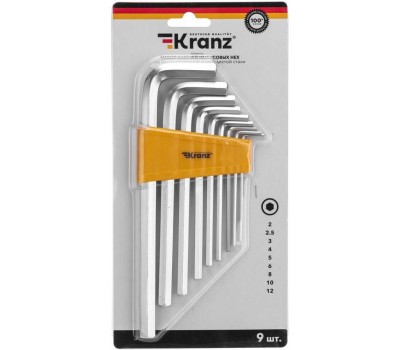 Имбусовый ключ KRANZ (KR-12-5213) Набор ключей имбусовых HEX 2,0-12 мм, CrV, 9 шт., удлиненные