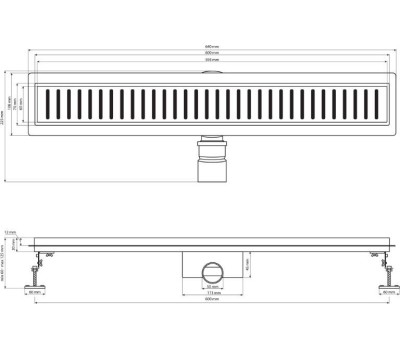САНАКС - Трап 600 х 70 мм, с бортиком для плитки, из нержавеющей стали, горизонтальное подключение 360º, с сухим и гидрозатворами, цвет САТИН. 00039