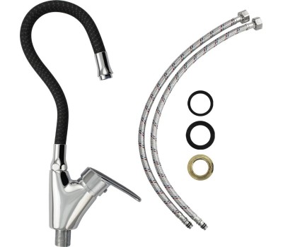 Смеситель для кухни RUSSIA-MOSCOW 2474 Смеситель кухонный, шаровый, боковой, с чёрной ручкой, с гибким изливом ЧЁРНОГО цвета