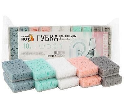 РЫЖИЙ КОТ Губка д/посуды Aquarelle (10шт) (93*65*27мм) (310577)