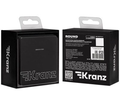 KRANZ Выключатель ROUND 1 кл проходной (переключатель) с подсветкой 10А с/у оникс