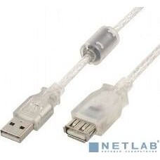 GEMBIRD Cablexpert Кабель удлинитель USB2.0 Pro, AM/AF, 4,5м, экран, 2 феррит.кольца, прозрачный (CCF-USB2-AMAF-TR-15)