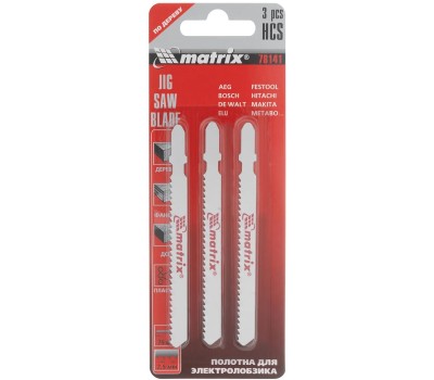 Полотна для электролобзика MATRIX Полотна для электролобзика по дереву, 3 шт., 75 х 2,5мм, HCS, EU- хвостовик//