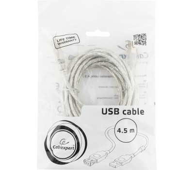 GEMBIRD Cablexpert Кабель удлинитель USB2.0 Pro, AM/AF, 4,5м, экран, 2 феррит.кольца, прозрачный (CCF-USB2-AMAF-TR-15)