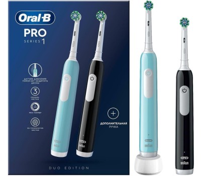 ORAL-B Набор электрических зубных щеток Pro Series 1, насадки для щётки: 2 шт, цвет: бирюзовый и черный [80714511]