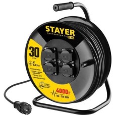 STAYER Удлинитель силовой 55076-30_z01, розеток 4шт, 3x2.5 кв.мм, 30м, КГ, катушка, черный