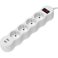 MAXVI Сетевой фильтр SP-230A, 10A, 2300 Вт, 4 гнезда, 2xUSB-A, земля, 3м, белый