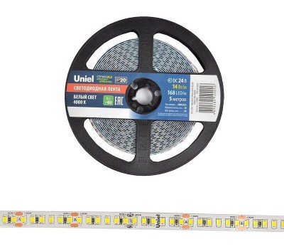 Светодиодная лента UNIEL ULS-2835-168LED/m-10mm-IP20-DC24V-14W/m-5M-3000K катушка в герметичной упаковке
