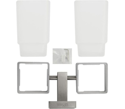 Аксессуары для ванной комнаты GFMARK 87160 Стакан + стакан стеклянный матовый, с креплением к стене из нержавеющей стали, с квадратным основанием, цвет САТИН