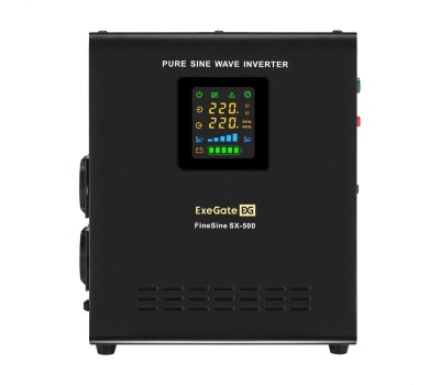 Exegate EX295995RUS ИБП (инвертор, синус, для котла) настенный ExeGate FineSine SX-500.LCD.AVR.2SH <500VA/300W, чистая синусоида, цветной LCD-дисплей, AVR, 2*Schuko, линейно-интерактивный, внешняя бат
