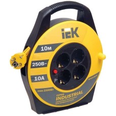 IEK Удлинитель силовой Industrial, розеток 4шт, 3x1.0 кв.мм, 10A, 10м, ПВС, катушка, желтый [wkp14-10-04-10]