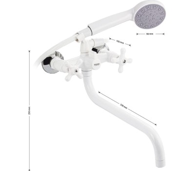 Смеситель для ванны BRIMIX 4407 Смеситель для ванны с длинным изливом, металлокерамика, с шаровым переключением, из высокопрочного АБС пластика, ручка КРЕСТ, цвет БЕЛЫЙ.