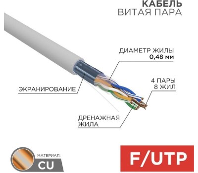 PROCONNECT Кабель витая пара F/UTP, CAT 5е, PVC, 4PR, 24AWG, внутренний, однопроволочный, серый, 100м