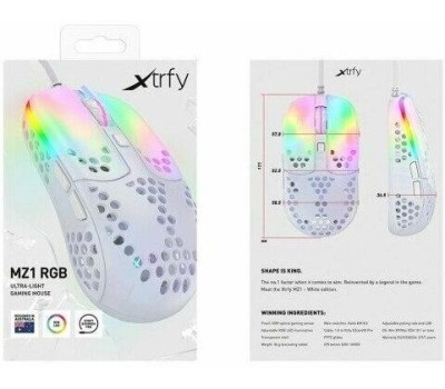 XTRFY Мышь проводная MZ1, игровая, оптическая, USB, 16000dpi, белый [mz1-rgb-white-tp]