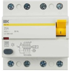 IEK Выключатель дифф. тока (УЗО) ВД1-63 (MDV10-4-025-300) 25A 4П 400В 4 модуля белый (упак.:1шт)