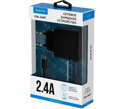 АККУМУЛЯТОРЫ И ЗАРЯДНЫЕ УСТРОЙСТВА MAXVI CHL-240T 2.4A, with Type-C cable, цвет: черный