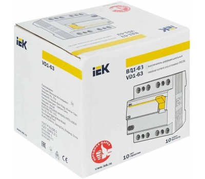 IEK Выключатель дифф. тока (УЗО) ВД1-63 (MDV10-4-025-300) 25A 4П 400В 4 модуля белый (упак.:1шт)