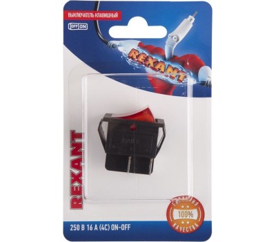 REXANT Выключатель клавишный 250В 16А (4с) вкл-выкл красный с подсветкой (1 шт/уп)