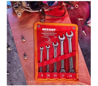 Рожковый ключ REXANT (12-4841-1) Набор ключей комбинированных трещоточных (8, 10, 13, 17, 19мм), 5 шт, CrV, зеркальное хромирование
