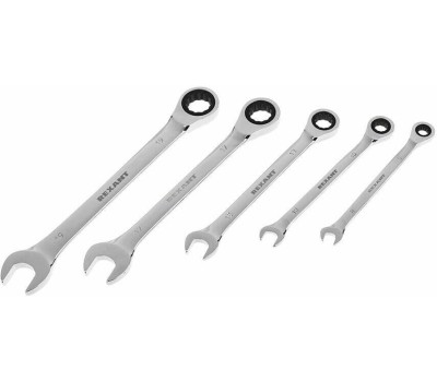 Рожковый ключ REXANT (12-4841-1) Набор ключей комбинированных трещоточных (8, 10, 13, 17, 19мм), 5 шт, CrV, зеркальное хромирование