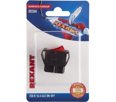 REXANT Выключатель клавишный 250В 16А (4с) вкл-выкл красный с подсветкой (1 шт/уп)
