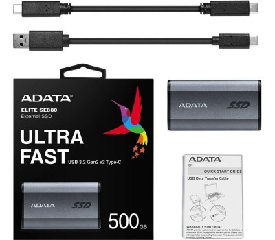 Внешний диск SSD A-DATA 500ГБ Внешний диск SSD SE880, USB-C, запись - 2000МБ/с, чтение - 2000МБ/с, серый [aeli-se880-500gcgy]
